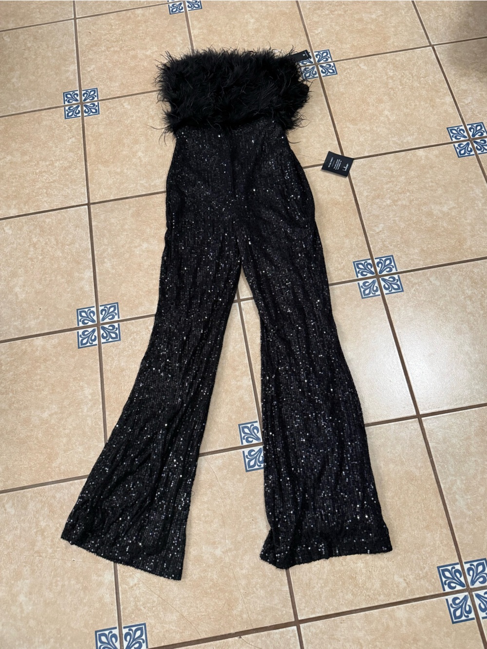 Lulu's Black Sequin Feather Trim Boot-Cut Jumpsuit